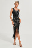 Glitter Black Fringed Sequins 1920s Gatsby Dress with 20s Accessories