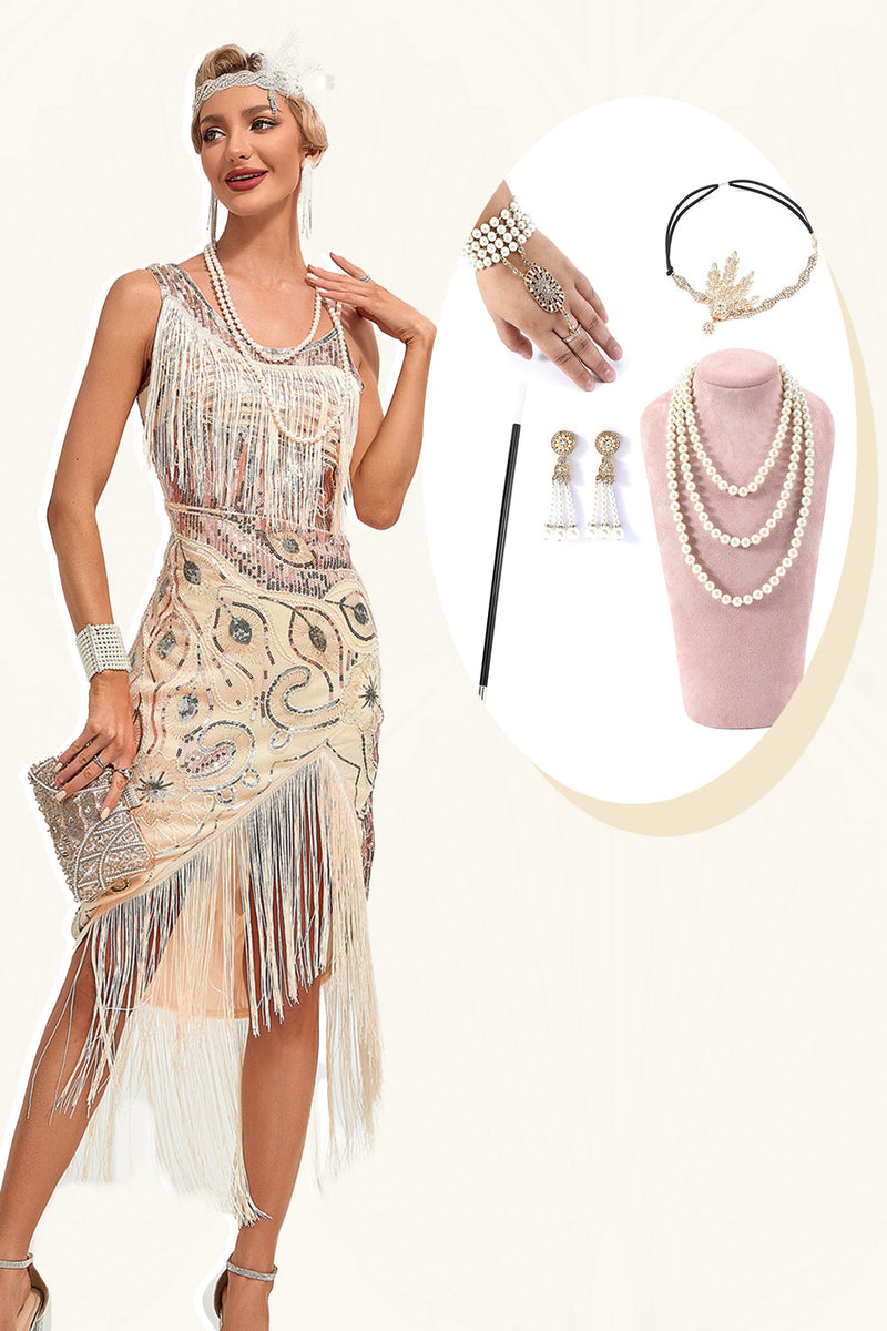 Load image into Gallery viewer, Sparkly Champagne Sequins Fringes Asymmetrical 1920s Gatsby Dress with Accessories Set