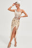 Load image into Gallery viewer, Sparkly Champagne Sequins Fringes Asymmetrical 1920s Gatsby Dress with Accessories Set