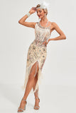 Sparkly Champagne Sequins Fringes Asymmetrical 1920s Gatsby Dress with Accessories Set