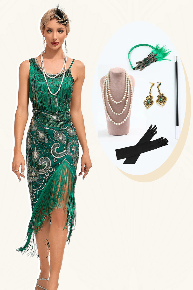 Load image into Gallery viewer, Sparkly Dark Green Sequins Fringes Asymmetrical 1920s Gatsby Dress with Accessories Set