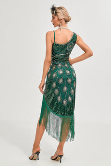Sparkly Dark Green Sequins Fringes Asymmetrical 1920s Gatsby Dress with Accessories Set