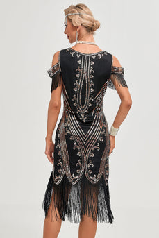 Glitter Black Sequins Fringes 1920s Gatsby Dress with Accessories Set