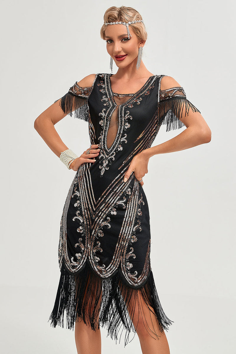 Load image into Gallery viewer, Glitter Black Sequins Fringes 1920s Gatsby Dress with Accessories Set