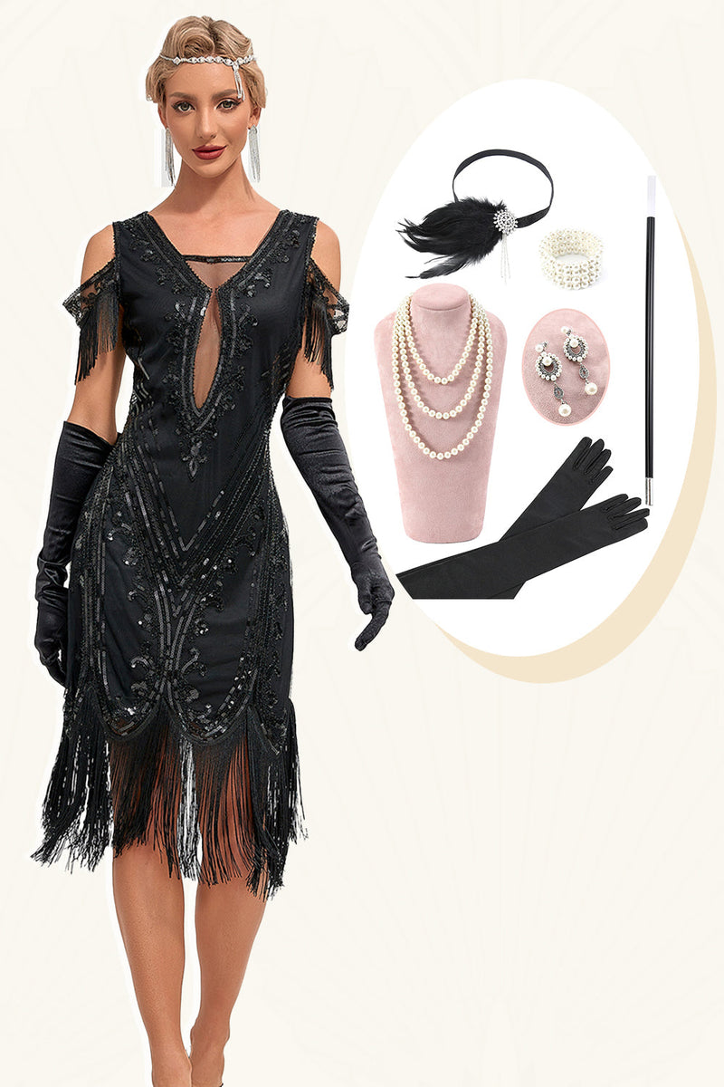 Load image into Gallery viewer, Glitter Black Cold Shoulder Sequins Fringes 1920s Gatsby Dress with Accessories Set