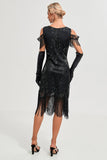 Glitter Black Cold Shoulder Sequins Fringes 1920s Gatsby Dress with Accessories Set