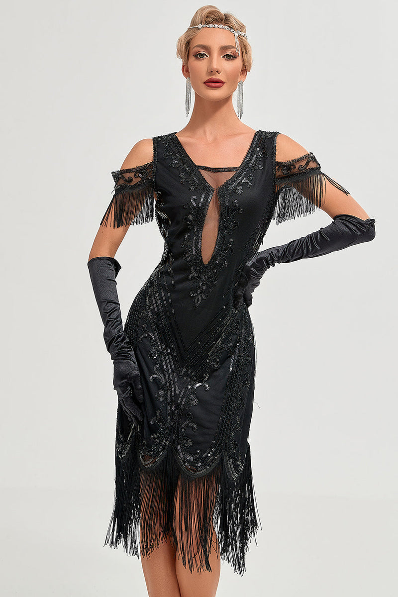 Load image into Gallery viewer, Glitter Black Cold Shoulder Sequins Fringes 1920s Gatsby Dress with Accessories Set