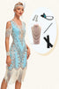 Load image into Gallery viewer, Glitter Green Cold Shoulder Sequins Fringes 1920s Gatsby Dress with Accessories Set