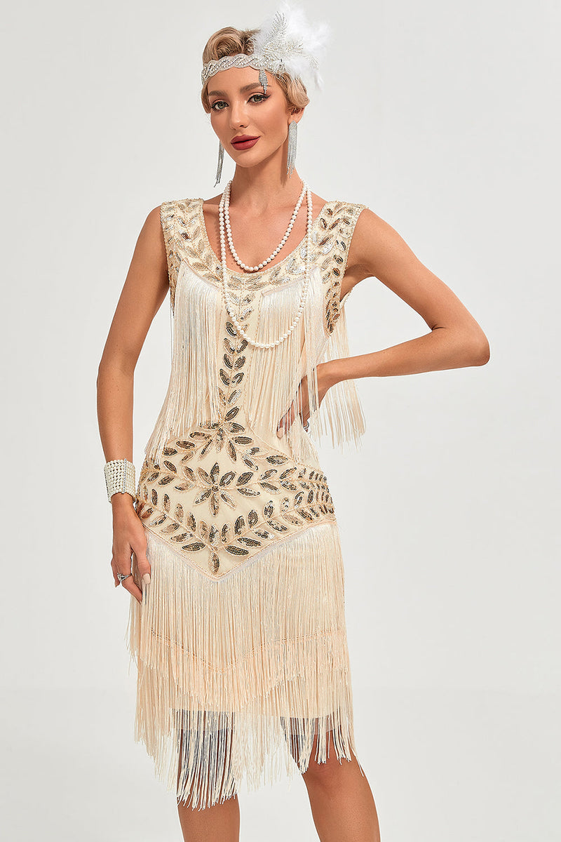 Load image into Gallery viewer, Glitter Champagne Sequins Fringed 1920s Gatsby Dress with Accessories Set