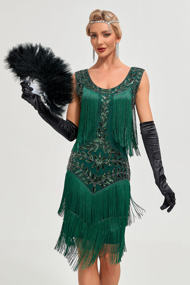 Load image into Gallery viewer, Dark Green Sequins Fringes Great Gatsby Dress with Accessories Set