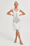 White Sequins Fringes Flapper Dress with Accessories Set