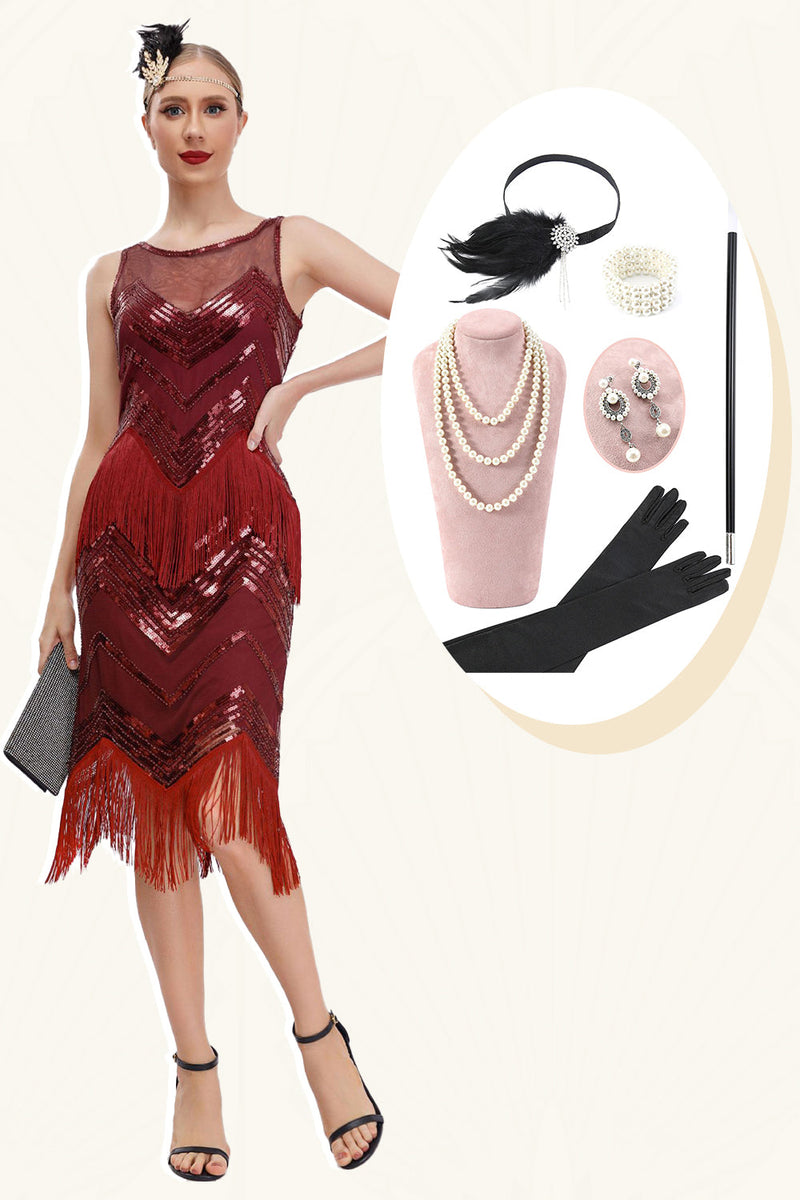 Load image into Gallery viewer, Fringes Red Sparkly 1920s Dress with Accessories Set