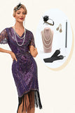 Dark Purple Beading Fringes 1920s Dress with Accessories Set