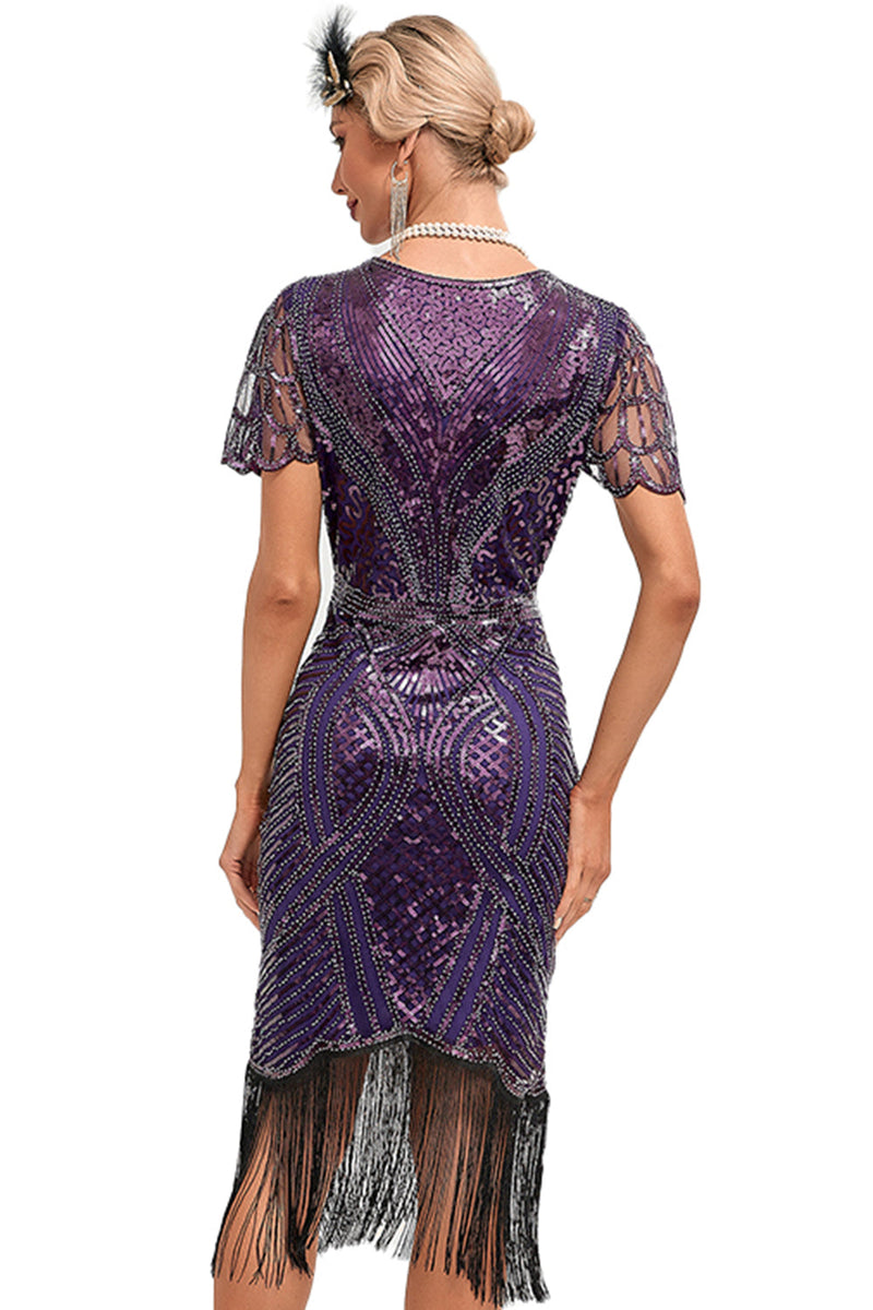 Load image into Gallery viewer, Dark Purple Beading Fringes 1920s Dress with Accessories Set
