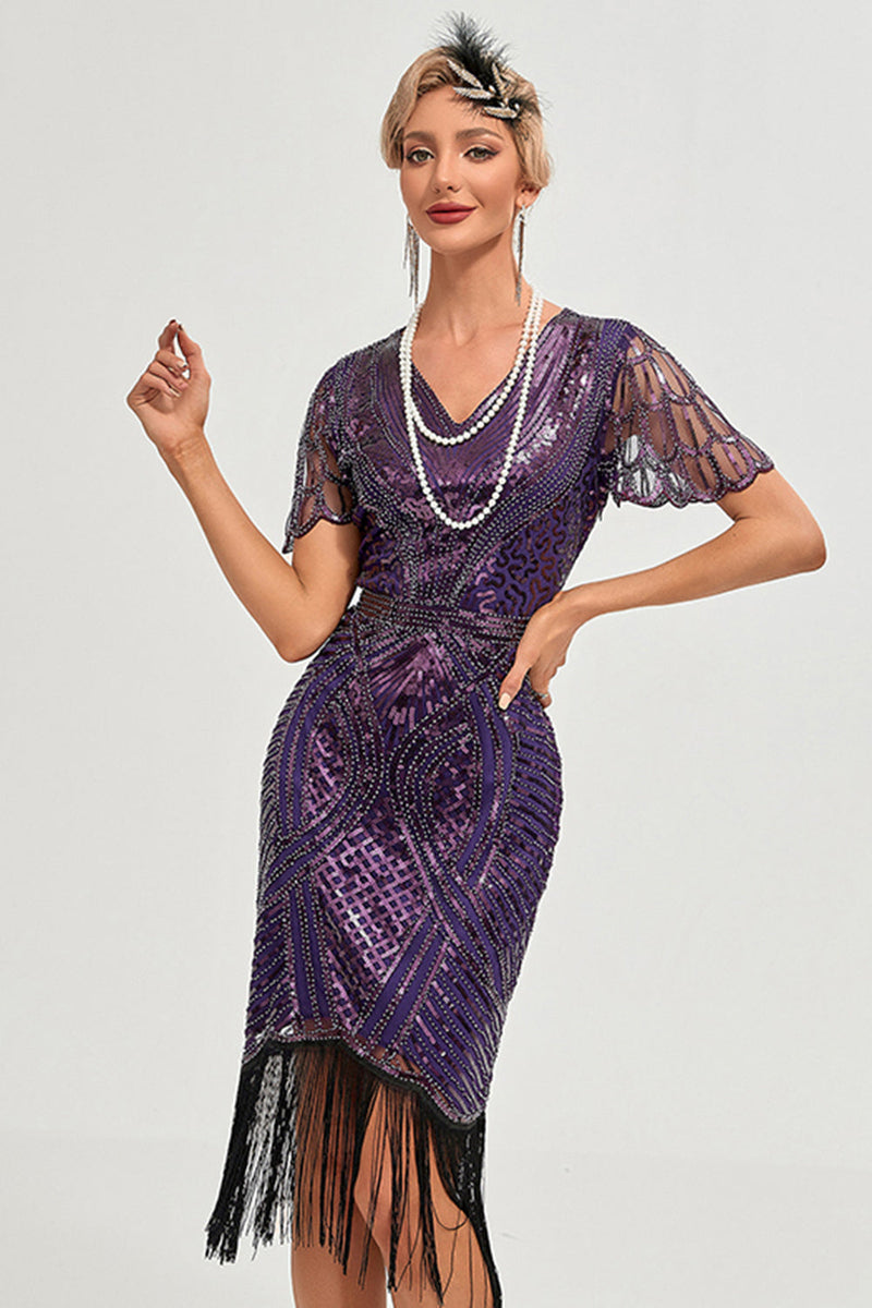 Load image into Gallery viewer, Dark Purple Beading Fringes 1920s Dress with Accessories Set