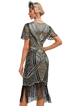 Black Golden Glitter Fringes 1920s Dress with Accessories Set
