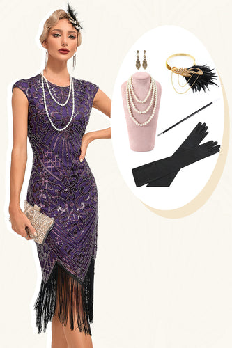 Fringes Dark Purple Beading 1920s Dress with Accessories Set