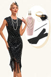 Black Sleeveless Glitter Fringes 1920s Dress with Accessories Set