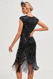 Black Sleeveless Glitter Fringes 1920s Dress with Accessories Set