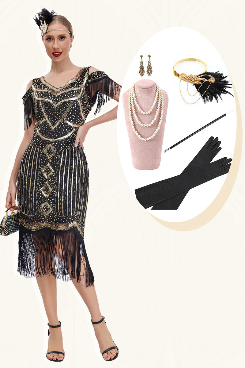 Load image into Gallery viewer, Black Golden Cold Shoulder Fringe 1920s Gatsby Dress with 20s Accessories Set