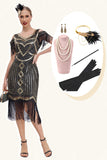 Black Golden Cold Shoulder Fringe 1920s Gatsby Dress with 20s Accessories Set