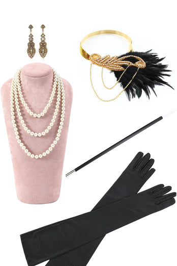 Black Golden Cold Shoulder Fringe 1920s Gatsby Dress with 20s Accessories Set
