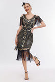 Black Golden Cold Shoulder Fringe 1920s Gatsby Dress with 20s Accessories Set