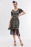 Black Golden Cold Shoulder Fringe 1920s Gatsby Dress with 20s Accessories Set