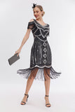 Black Golden Cold Shoulder Fringes 1920s Gatsby Dress with 20s Accessories Set