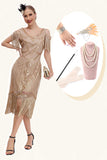 Champagne Cold Shoulder Fringes 1920s Gatsby Dress with 20s Accessories Set