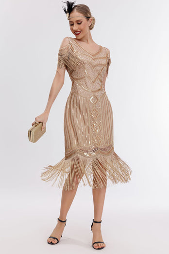 Champagne Cold Shoulder Fringes 1920s Gatsby Dress with 20s Accessories Set