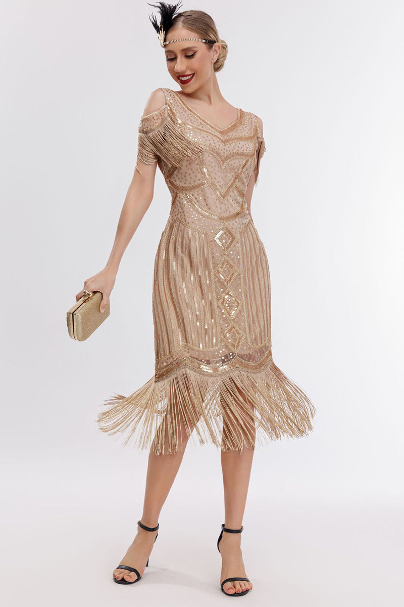 Load image into Gallery viewer, Champagne Cold Shoulder Fringes 1920s Gatsby Dress with 20s Accessories Set