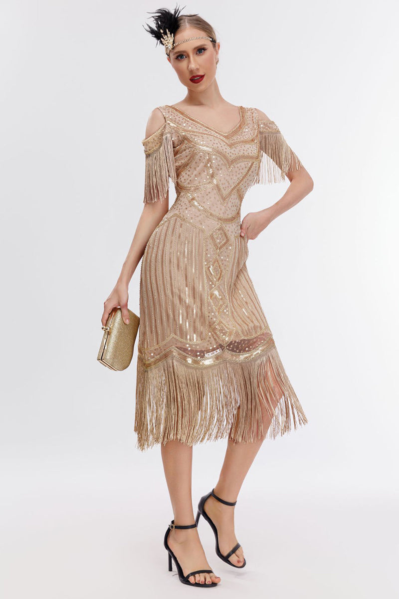 Load image into Gallery viewer, Champagne Cold Shoulder Fringes 1920s Gatsby Dress with 20s Accessories Set