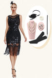 Sparkly Black Fringed 1920s Gatsby Dress with 20s Accessories Set