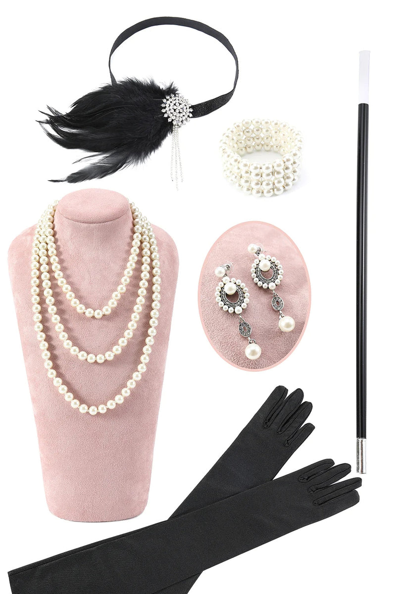 Load image into Gallery viewer, Sparkly Black Fringed 1920s Gatsby Dress with 20s Accessories Set