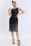 Sparkly Black Fringed 1920s Gatsby Dress with 20s Accessories Set