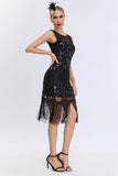 Sparkly Black Fringed 1920s Gatsby Dress with 20s Accessories Set