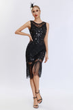 Sparkly Black Fringed 1920s Gatsby Dress with 20s Accessories Set