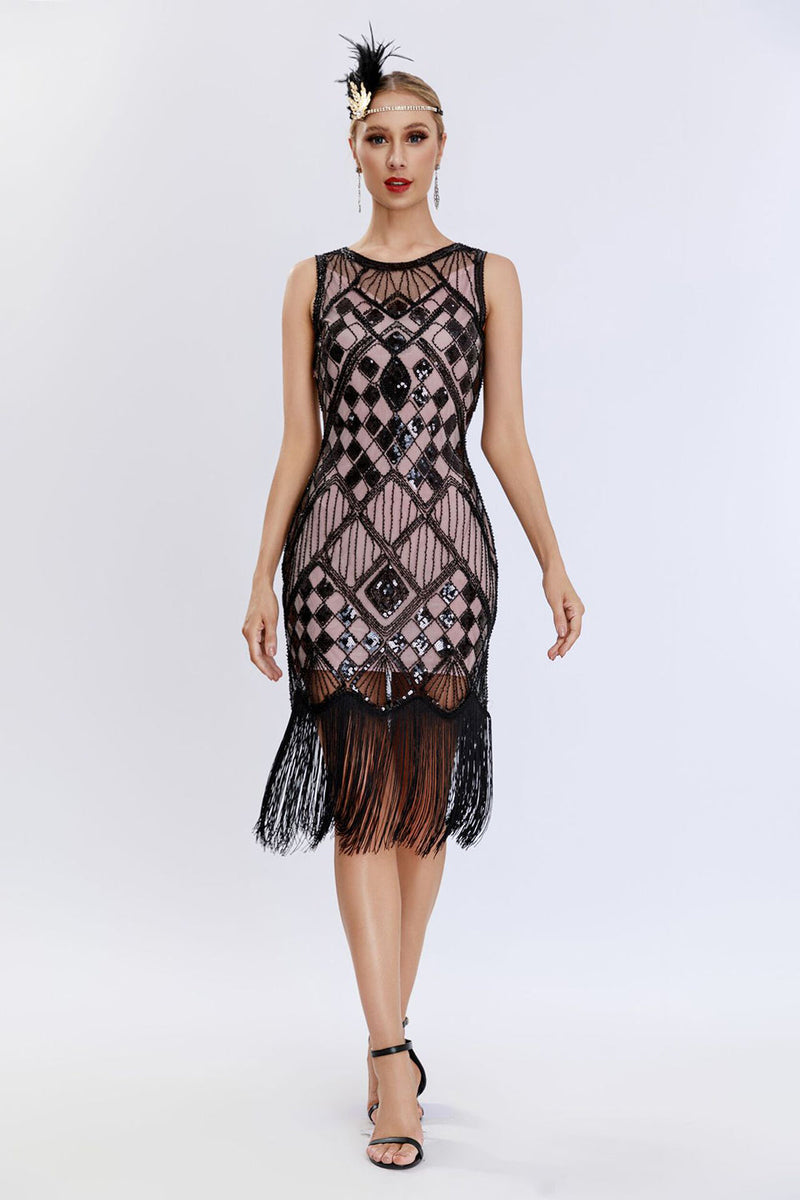 Load image into Gallery viewer, Sparkly Black Blush Fringed 1920s Gatsby Dress with 20s Accessories Set