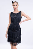 Black Fringed 1920s Gatsby Dress with Sequins with 20s Accessories Set