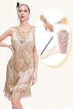 Apricot Fringed 1920s Gatsby Dress with Sequins with 20s Accessories Set