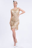 Apricot Fringed 1920s Gatsby Dress with Sequins with 20s Accessories Set