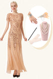 Champagne Sequins Short Sleeves Long 1920s Dress with 20s Accessories Set