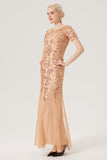 Champagne Sequins Short Sleeves Long 1920s Dress with 20s Accessories Set