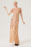 Champagne Sequins Short Sleeves Long 1920s Dress with 20s Accessories Set