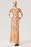 Champagne Sequins Short Sleeves Long 1920s Dress with 20s Accessories Set