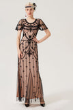 Black Blush Sequins Long 1920s Dress with 20s Accessories Set