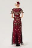 Burgundy Sequins Long 1920s Dress with 20s Accessories Set