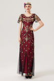 Burgundy Sequins Long 1920s Dress with 20s Accessories Set