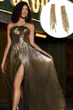 Golden A-Line Spaghetti Straps Pleated Sparkly Formal Dress with Accessories Set